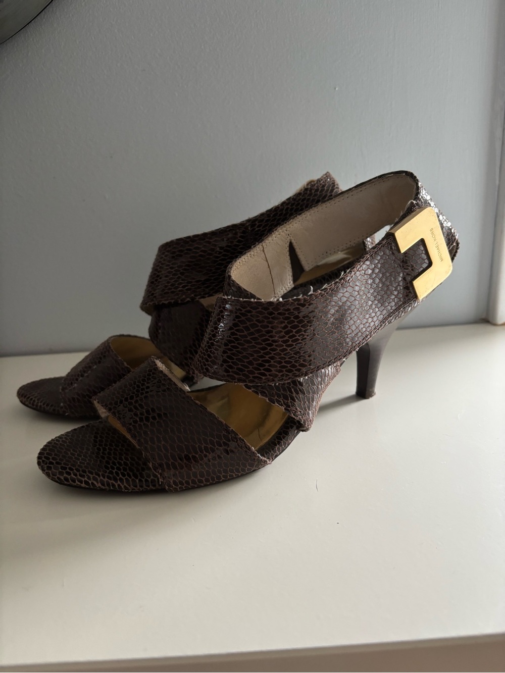 Michael Kors Brown Snake-Embossed Slingback Heels with Gold Buckle